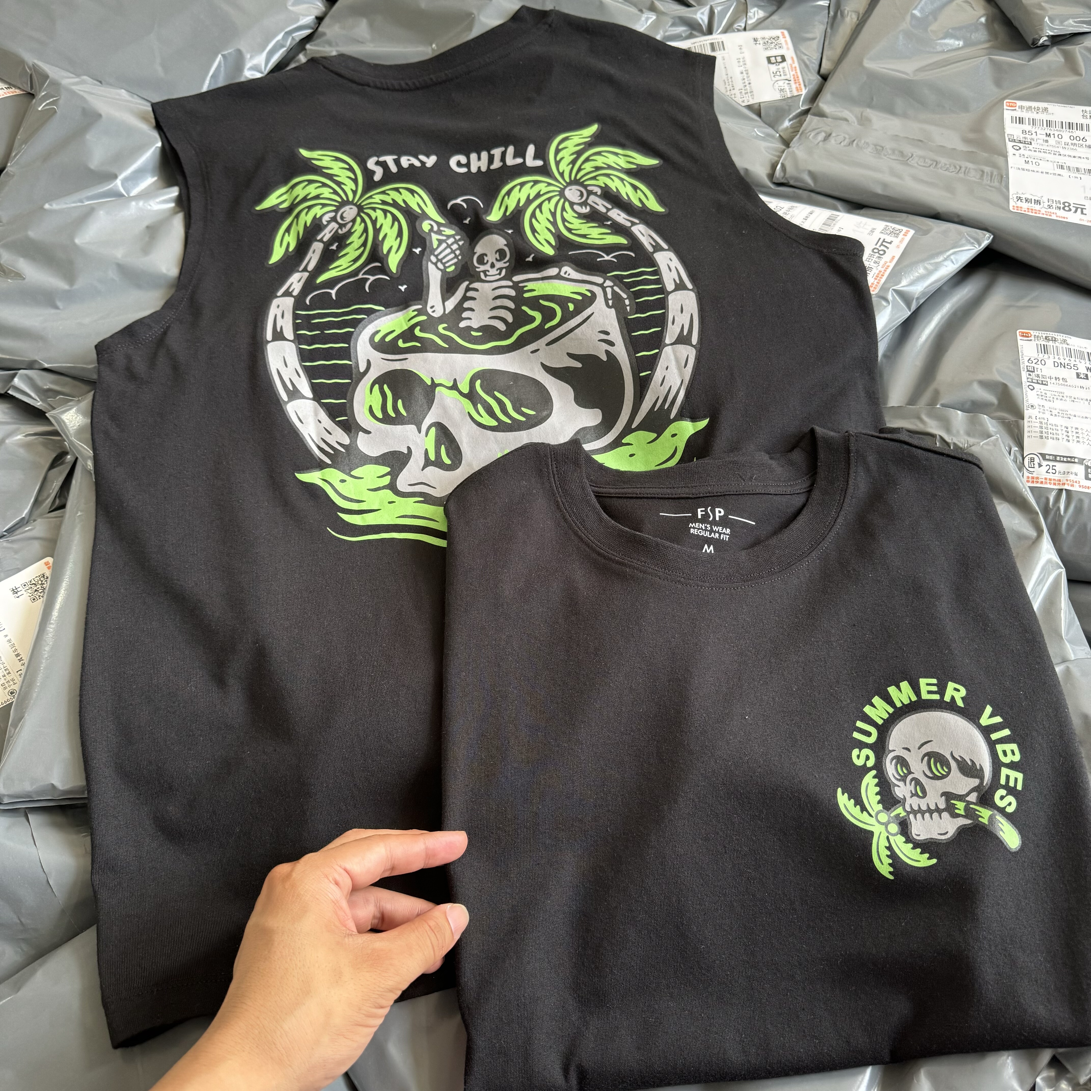 出口单 外贸 STAY CHILL骷髅滑板冲浪背心男女无袖T恤轻松休闲739