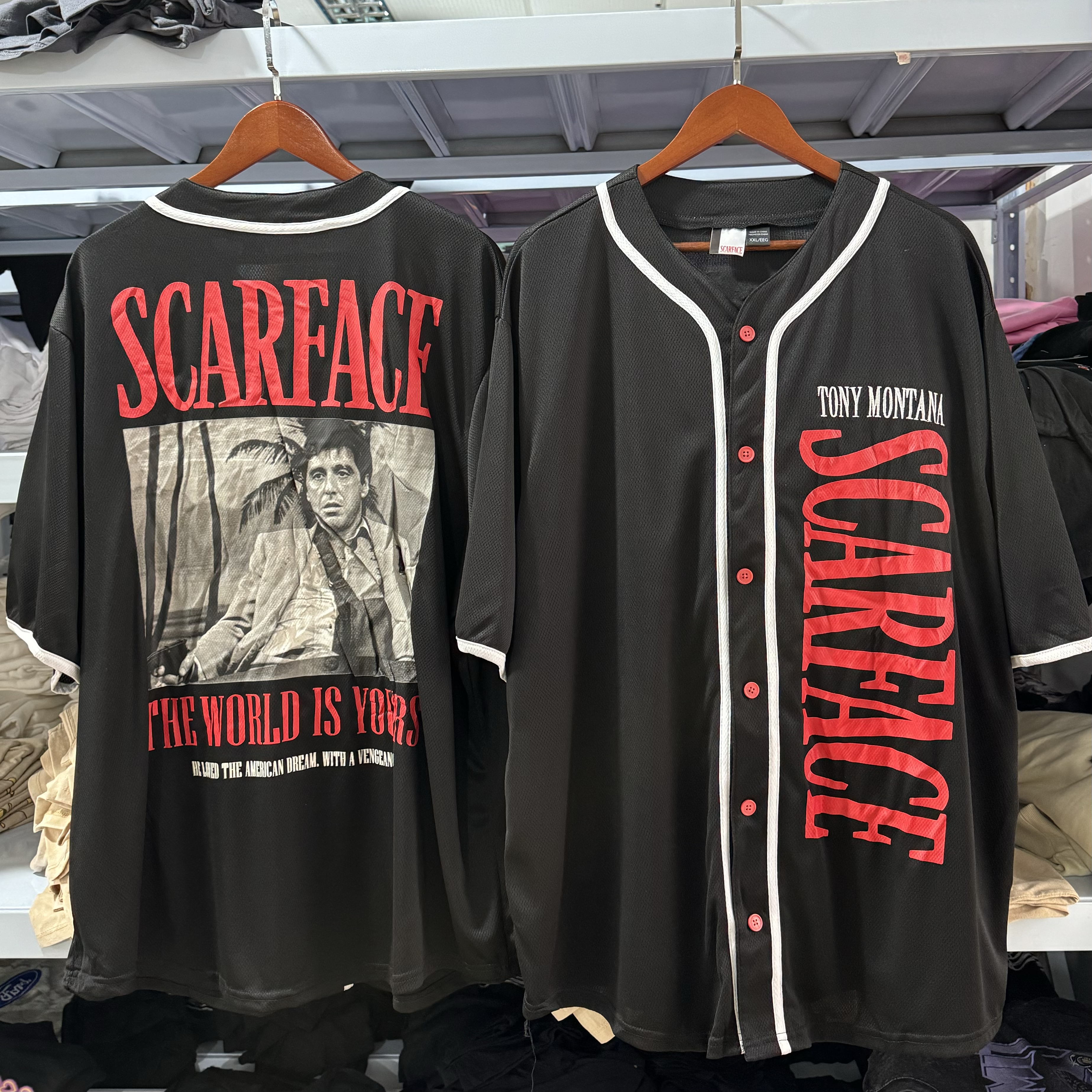 美版 大码 疤面煞星Scarface 刺绣速干棒球服短袖复古男女开衫T恤