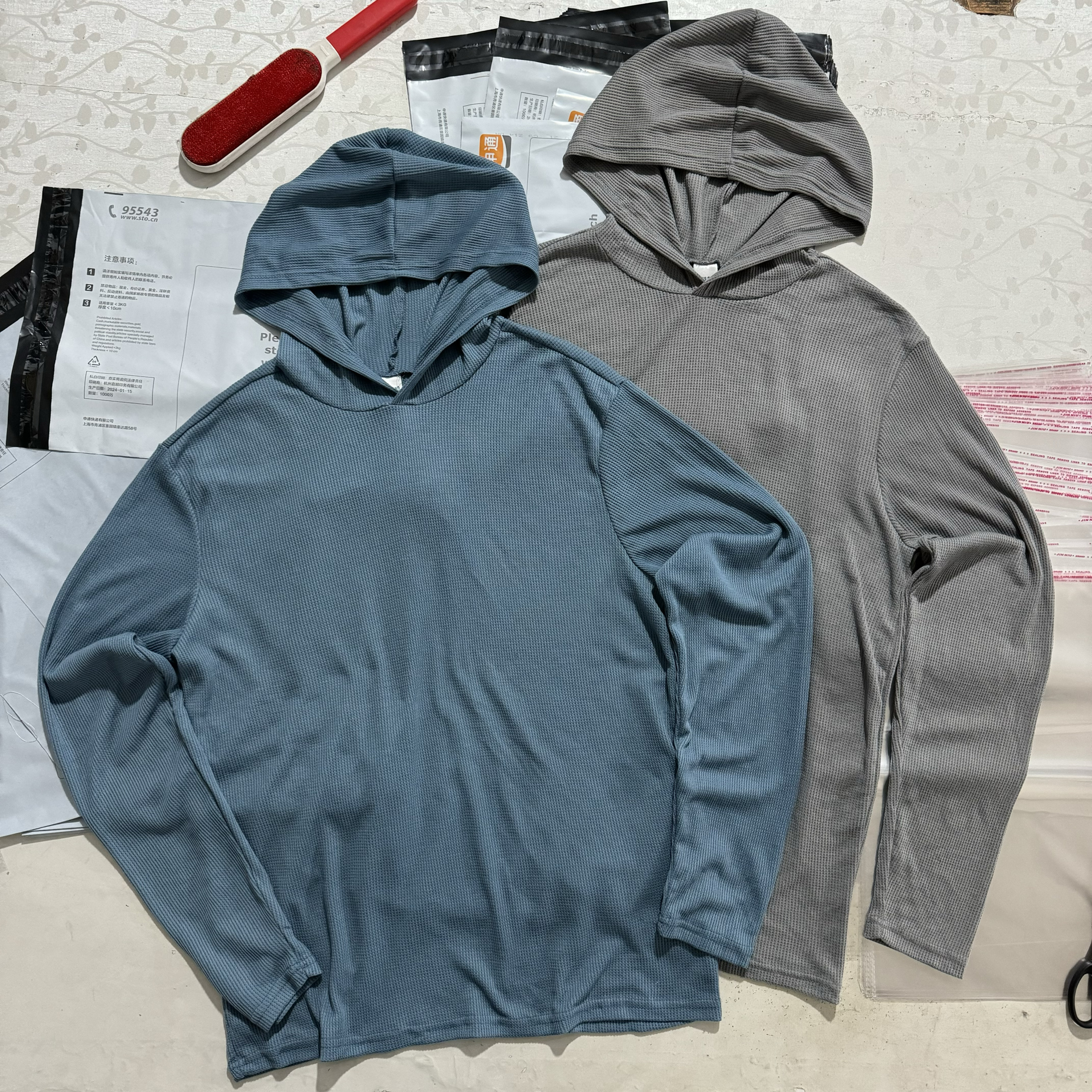 出口单 大码针织运动连帽华夫格薄款长袖纯色男女春秋上衣徒步976