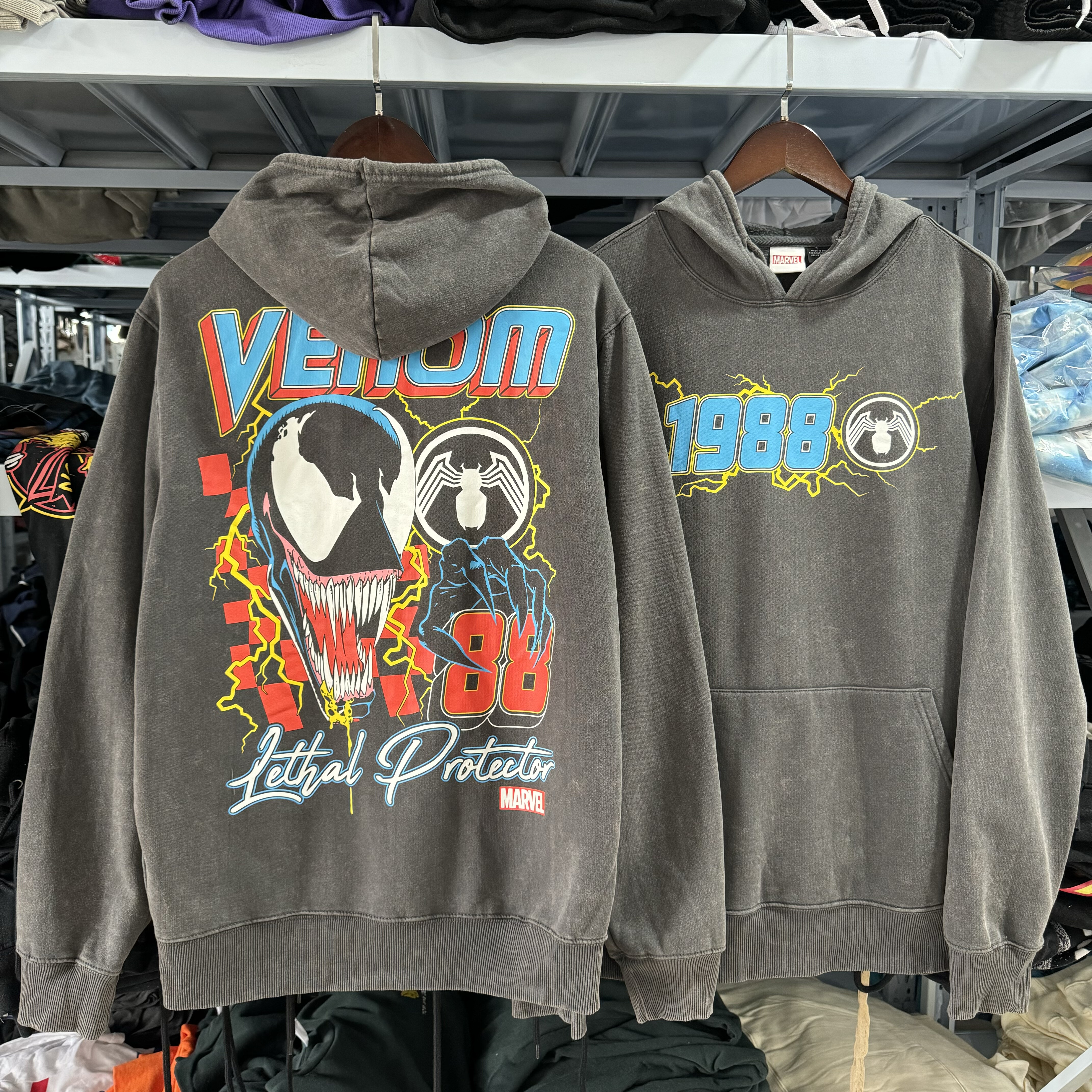 出口单 1988水洗做旧Venm毒夜周边 复古连帽卫衣男女薄绒秋冬帽衫