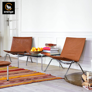 PK22休闲椅设计师客厅北欧现代不锈钢真皮休闲躺椅沙发椅洽谈椅子