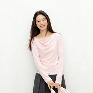 荡领抽皱长袖 女装 打底休闲显瘦上衣 蕾丝拼接T恤2026春夏新款 法式
