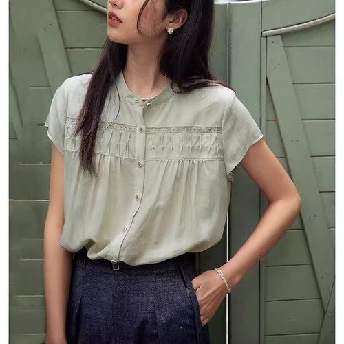 法式复古立领短袖衬衫女夏季