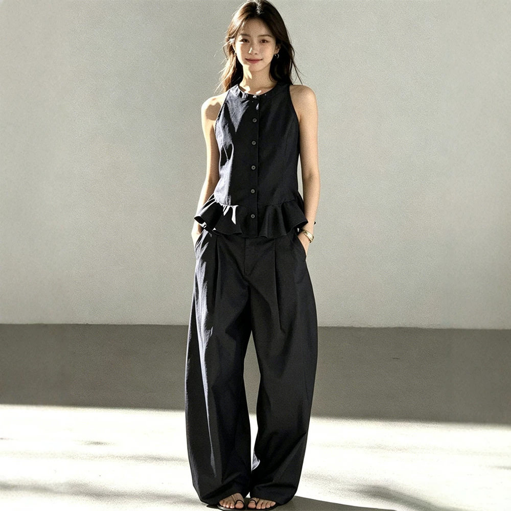 黑哥outfit 仿牛仔蓝荷叶边无袖衬衫背心马甲上衣阔腿裤套装夏季