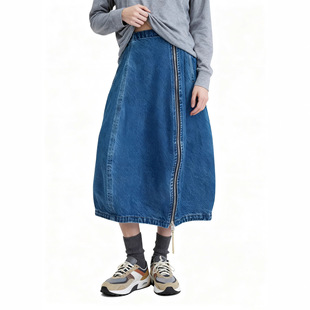 2025AW秋季 高腰百搭廓形感拉链牛仔半身裙花苞a字半身长裙女 新款