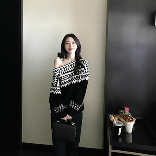 软糯纱斜肩老钱撞色提花针织衫 RL冬日费尔岛 毛衣女冬 Store Skk