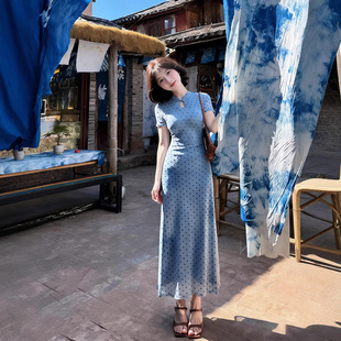 复古波点改良旗袍裙女夏季 松涧照 收腰水滴领长裙子 国风 新中式