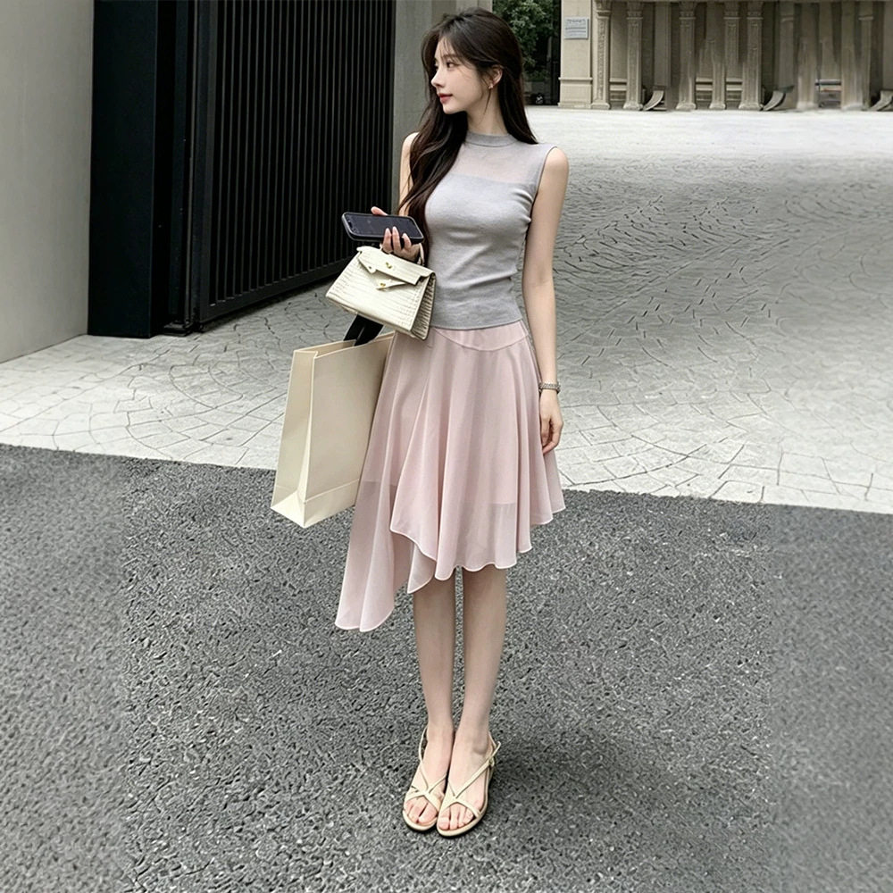 KOMASHOP "淡颜范本"韩系chic套装女夏季针织上衣+雪纺半裙两件套