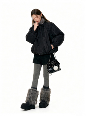 NEW EMPIPE25冬季新款设计感小众上衣毛领加厚黑色花苞棉服外套女