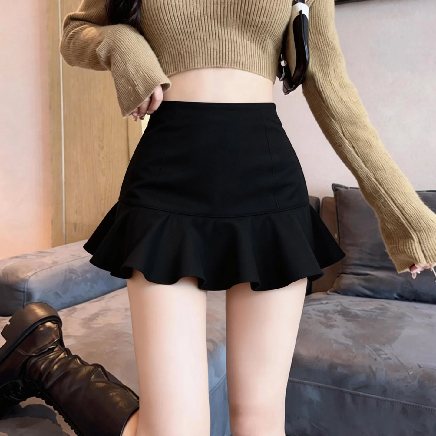 黑色紧身荷叶边短半身裙女2026春季新款韩版高腰包臀短裙鱼尾裙潮