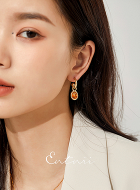 Entnii 秋色记忆 法式复古不规则树脂琥珀吊坠耳钉百搭简约耳环