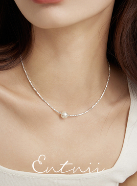 通体925银碎银子正圆珍珠项链