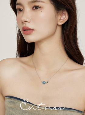 复古椭圆蓝石小圆豆项链