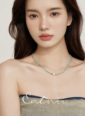 Entnii绿色串珠淡水珍珠项链