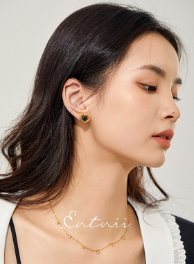 Entnii 推荐一套入!气质百搭黑玛瑙心形耳环法式爱心少女甜酷耳钉