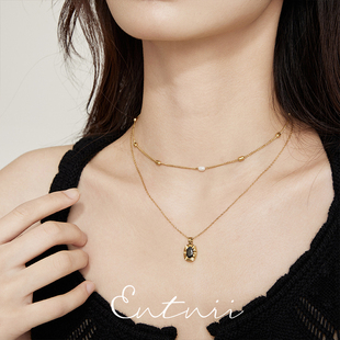 Entnii 黑曜石 复古方块气质简约双层小米珠叠戴百搭项链锁骨链