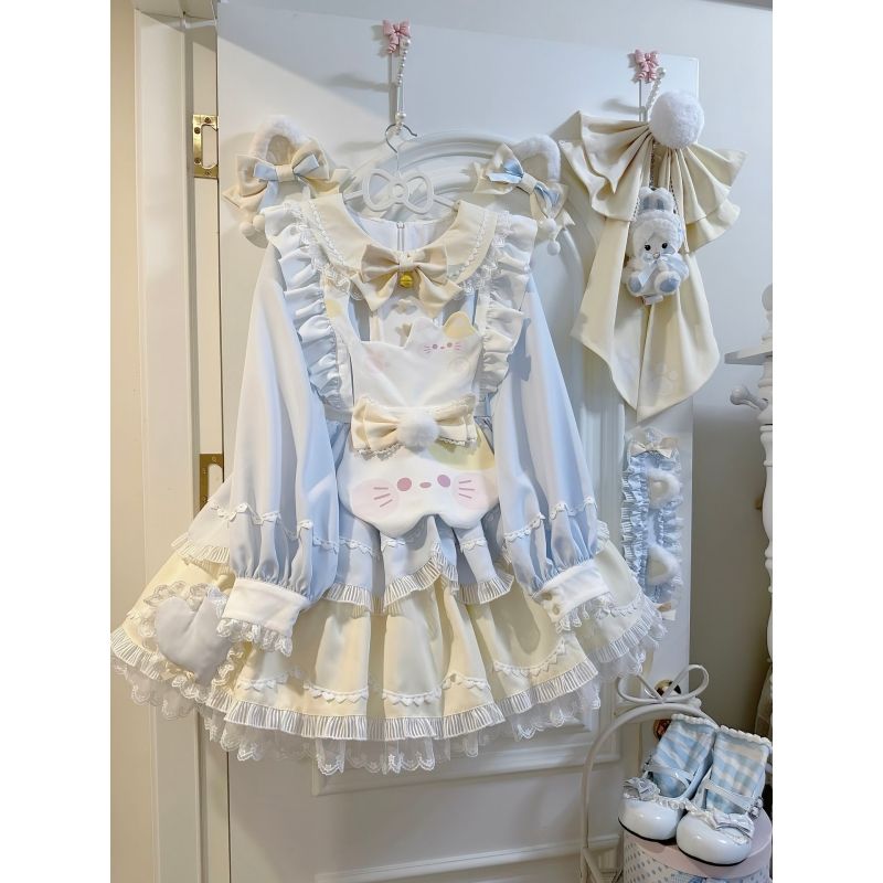 lolita甜美可爱软妹风洛丽塔连衣裙撞色蝴蝶结蕾丝猫咪围裙套装