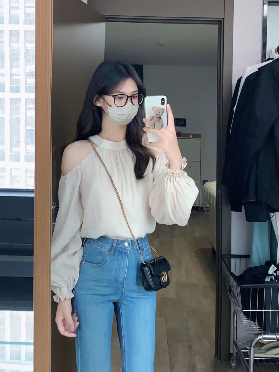 AUTUMN 2024 BEAUTIFUL CHIFFON CHIC TOP WOMENS NICHE DESIGN SEXY SCHEMING OFF-THE-SHOULDER LONG-SLEEVED HALTERNECK SHIRT