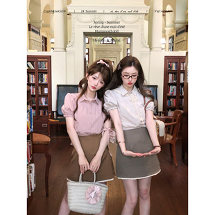 【福利6折清仓】csk丘比特 娇憨少女认证 短袖衬衫a字短裙两件套