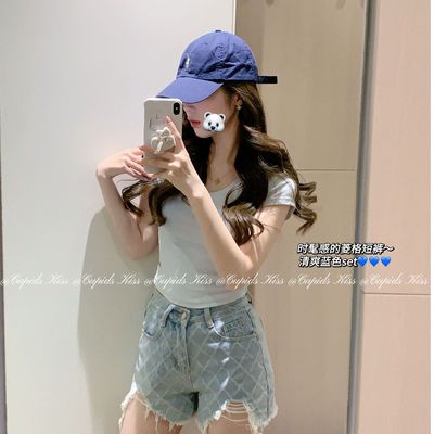 csk丘比特 菱格的时髦感 定制水洗浅蓝色牛仔裤短裤显瘦