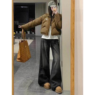 美2式黑灰色高腰宽松腿YC2033牛裤春女秋0阔YC20335垂仔年感拖地