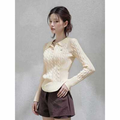 毛正身肩olLEKMo领麻p花长袖针女织衫秋季修显内搭打CK底衫瘦短款