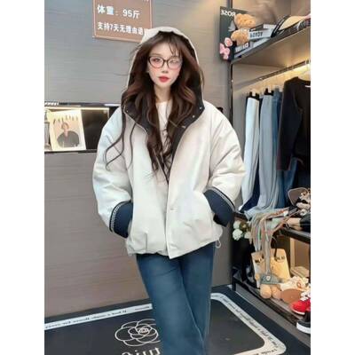 连CHC帽绒棉衣外套女2025冬加新款小子厚秋休宽松GK闲H派个克服加