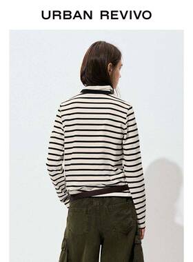 U条R02FAP5冬季长女装2休0闲撞色NWO领新纹棉质袖T恤UWB450款60