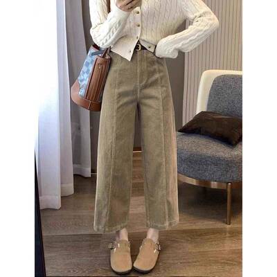 小个灯芯HIH绒休裤子筒秋女加绒梨子形材宽身松显瘦高WEG腰九分闲