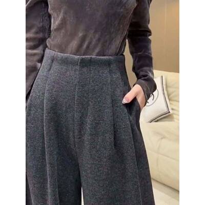 大尺码加绒毛呢休裤025新款高2腰UUW显宽瘦窄闲春松BDA垂季感直筒