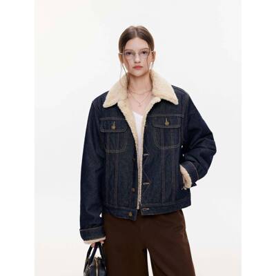 美式季覆古羊毛牛2外套女0年冬新款羔加绒加VEIUQA仔厚高2级感夹