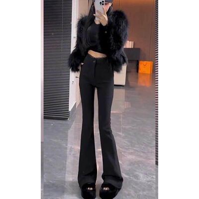 瘦加绒加厚西裤女秋胖喇冬新腰款装大尺码mm设计感高显黑色微AKT