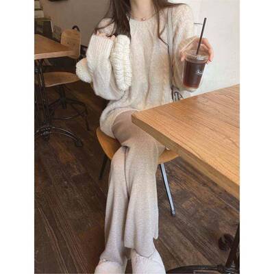 GCJ针休织阔冬腿地裤秋垂感拖直高腰女筒I宽松白色闲YJ裤显瘦百搭