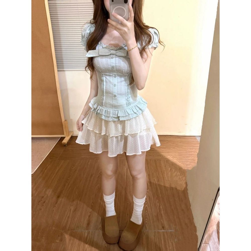 韩系甜美风套装夏季新款小清新泡泡袖上衣甜美风百搭半身裙两件套