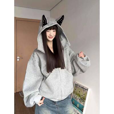 XHD衫式铆秋杜宾犬钉耳朵连帽衫运动GSX女季宽松甜酷风设计感短款