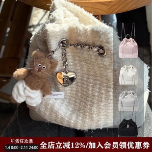 野啵妮 韩国小众barnnet八奶小香风粗花呢链条双肩包女抽绳夏百搭