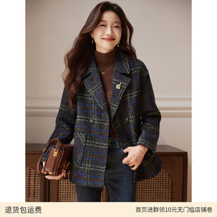格纹撞色毛呢外套女2025冬季 大衣 新款 夹棉加厚保暖翻领大口袋短款
