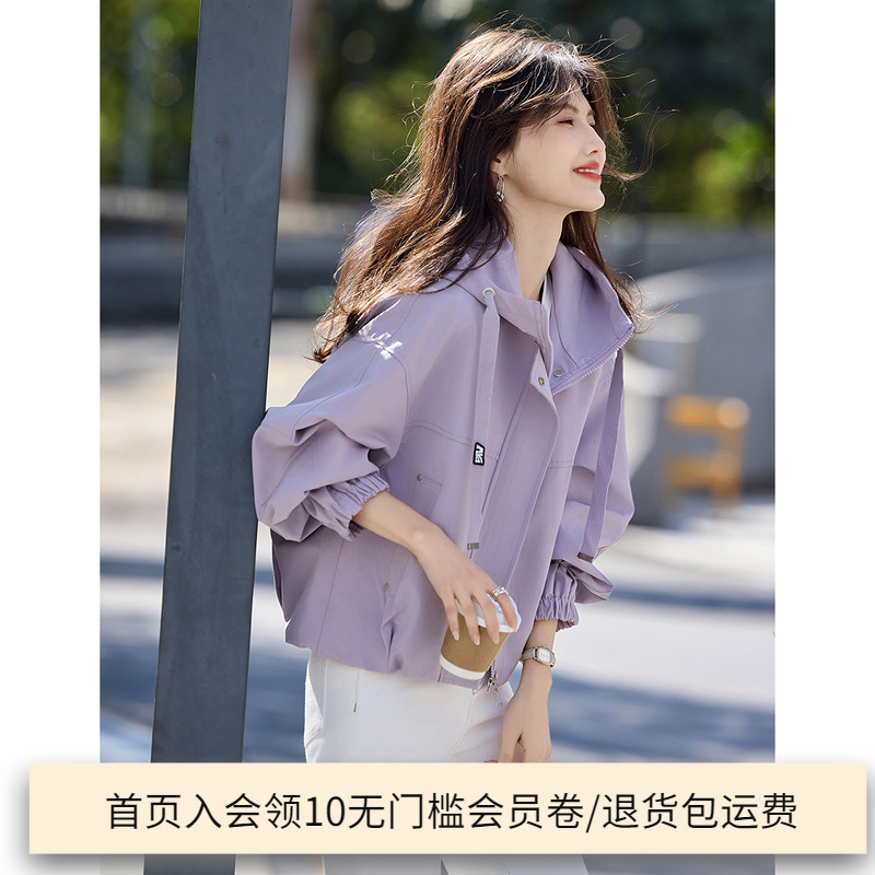 休闲连帽防风衣外套女短