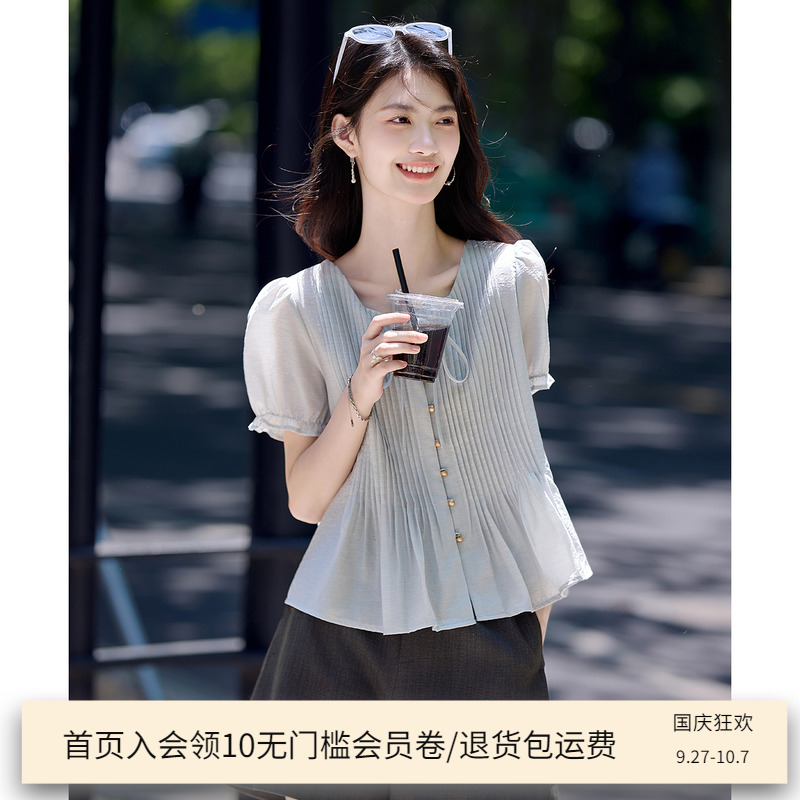 泡泡袖设计感小众褶皱上衣女短袖2025夏款钉珠扣系带方领衬衫衬衣