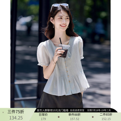 泡泡袖设计感小众褶皱上衣女短袖2025夏款钉珠扣系带方领衬衫衬衣