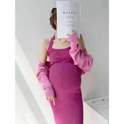 孕妇套装春秋季韩版纯色薄款针织连衣裙纯色短开衫高端气质两件套