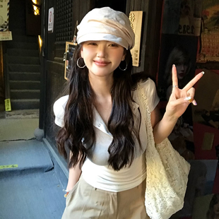 日系山本风褶皱云朵帽女夏季亚麻设计感贝雷帽轻薄透气显脸小帽子