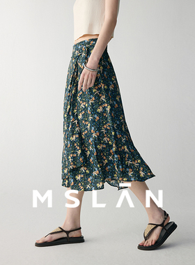 亲肤莫代尔/MSLAN春夏飘逸垂感绑带印花A字半身裙MFBA8204