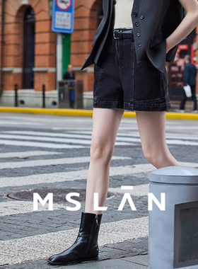 【抗起球】MSLAN夏季斜门襟高腰黑色宽松棉质牛仔短裤MFCN6103