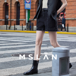 斜门襟高腰黑色宽松棉质牛仔短裤 MSLAN夏季 MFCN6103 抗起球