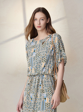 MSLAN几何春夏 25度假风印花短袖绑带套衫雪纺衫MEBM1505