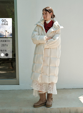 MSLAN奶油羽绒 冬季复古简约方格压胶中长休闲连帽白色羽绒服外套