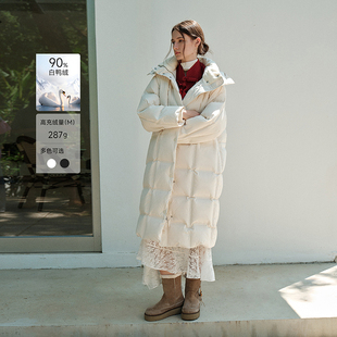 MSLAN奶油羽绒 冬季复古简约方格压胶中长休闲连帽白色羽绒服外套