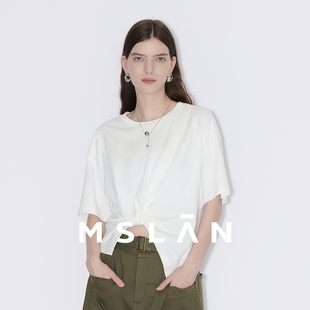 MSLAN夏季 T恤 透气凉感白色宽松扭结结构短袖