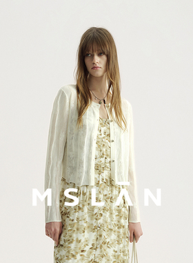 明星同款/MSLAN夏季法式休闲度假薄款圆领波浪镂空针织衫开衫
